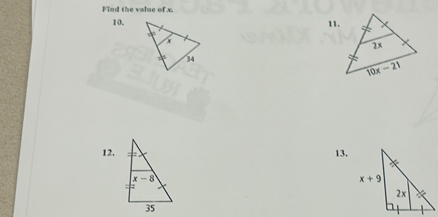 Find the value of x.
10. 11.
12. 13.