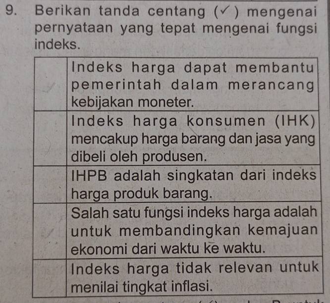 Berikan tanda centang (√) mengenai 
pernyataan yang tepat mengenai fungsi 
indeks.