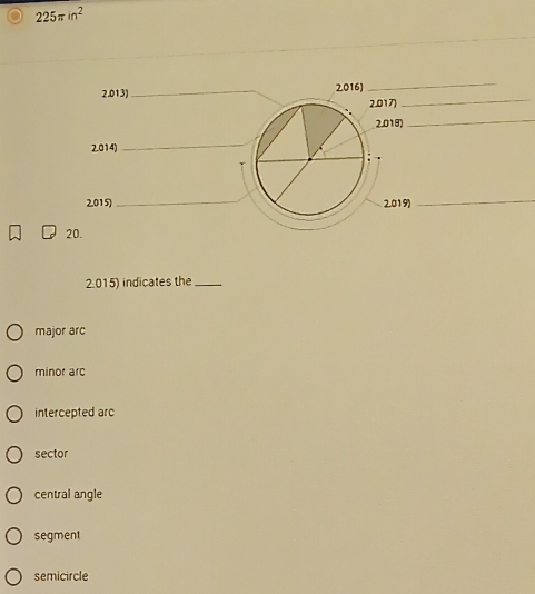 225π in^2
2.013) _2016
_
2.017)
_
2.018
_
2.014)_
2015) _ 2,019)
_
20.
2.015) indicates the_
major arc
minor arc
intercepted arc
sector
central angle
segment
semicircle