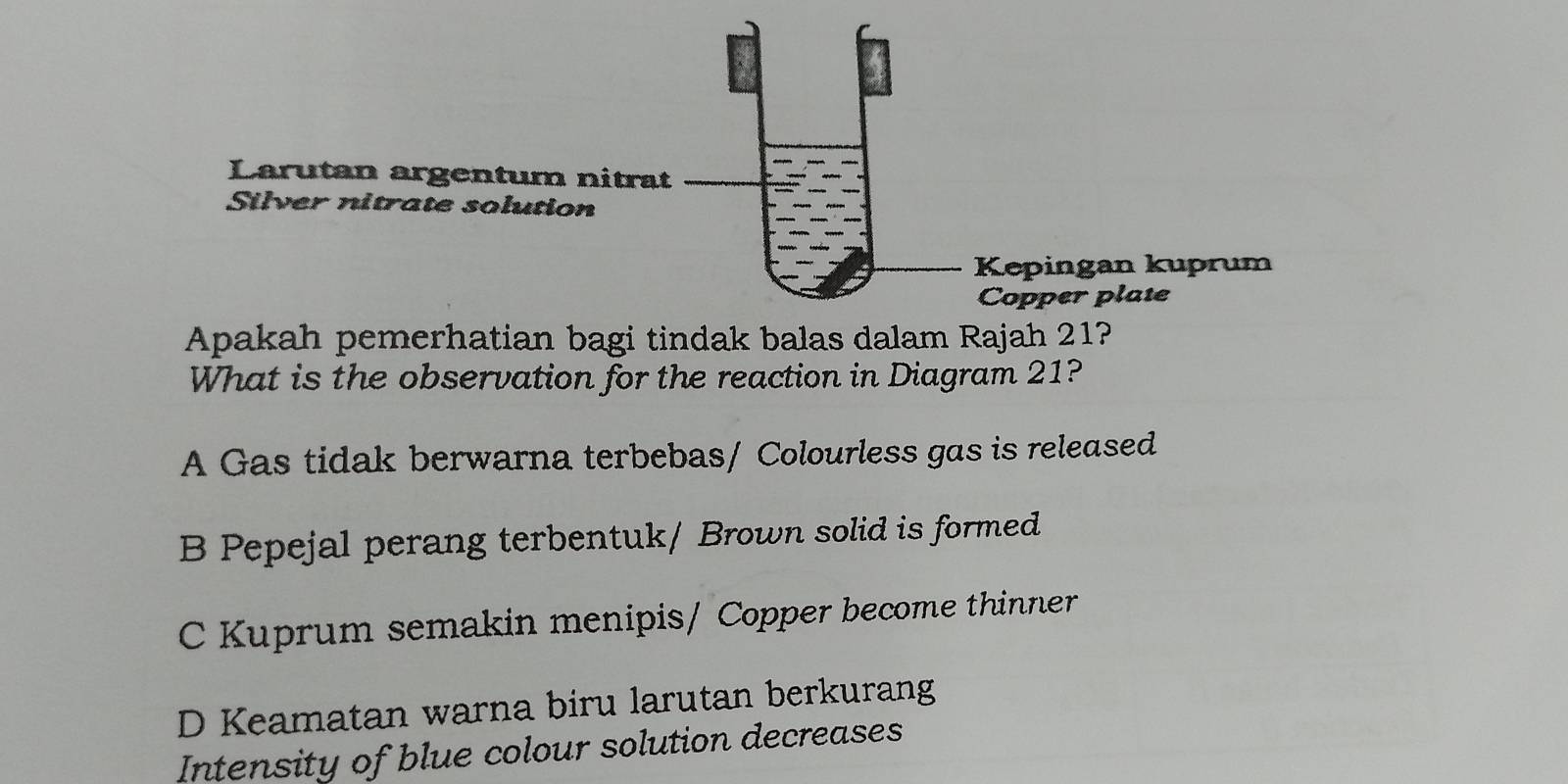 Larutan argentum nitrat
Silver nitrate solution
Kepingan kuprum
Copper plate
Apakah pemerhatian bagi tindak balas dalam Rajah 21?
What is the observation for the reaction in Diagram 21?
A Gas tidak berwarna terbebas/ Colourless gas is released
B Pepejal perang terbentuk/ Brown solid is formed
C Kuprum semakin menipis/ Copper become thinner
D Keamatan warna biru larutan berkurang
Intensity of blue colour solution decreases