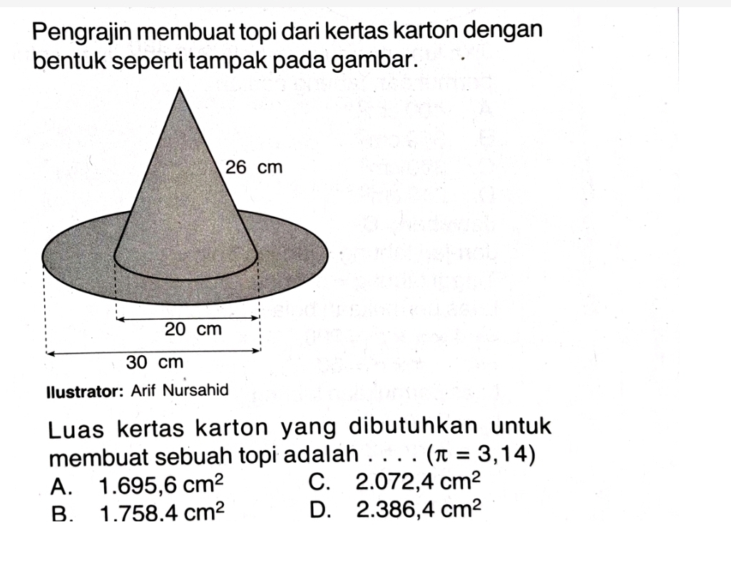 Pengrajin membuat topi dari kertas karton dengan
bentuk seperti tampak pada gambar.
Ilustrator: Arif Nursahid
Luas kertas karton yang dibutuhkan untuk
membuat sebuah topi adalah _ (π =3,14)
A. 1.695,6cm^2 C. 2.072,4cm^2
B. 1.758.4cm^2 D. 2.386,4cm^2