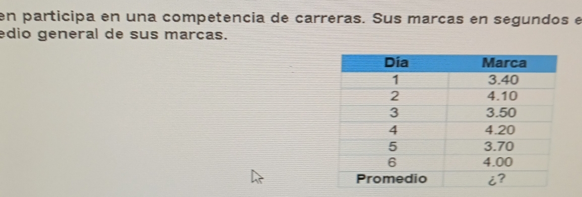 en participa en una competencia de carreras. Sus marcas en segundos e 
édio general de sus marcas.