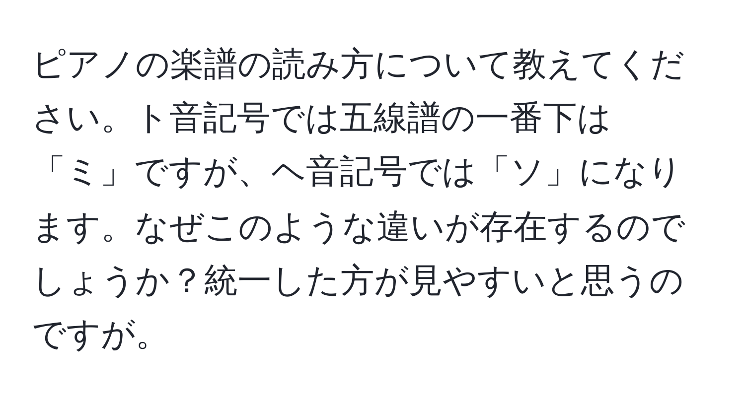 ピアノの楽譜の読み方について教えてください。ト音記号では五線譜の一番下は「ミ」ですが、ヘ音記号では「ソ」になります。なぜこのような違いが存在するのでしょうか？統一した方が見やすいと思うのですが。