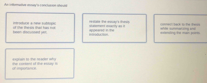 An informative essay's conclusion should 
restate the essay's thesi$ 
introduce a new subtopic statement exactly as it connect back to the thesis 
of the thesis that has not while summarizing and 
been discussed yet. introduction. appeared in the extending the main points. 
explain to the reader why 
the content of the essay is 
of importance.