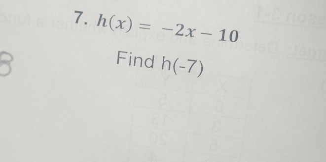 h(x)=-2x-10
Find h(-7)