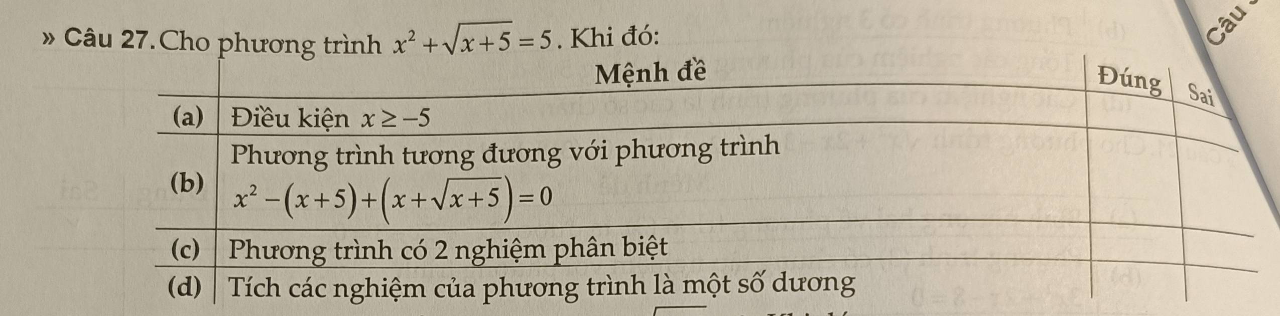 Cho phương trình x^2+sqrt(x+5)=5. Khi đó:
Câu