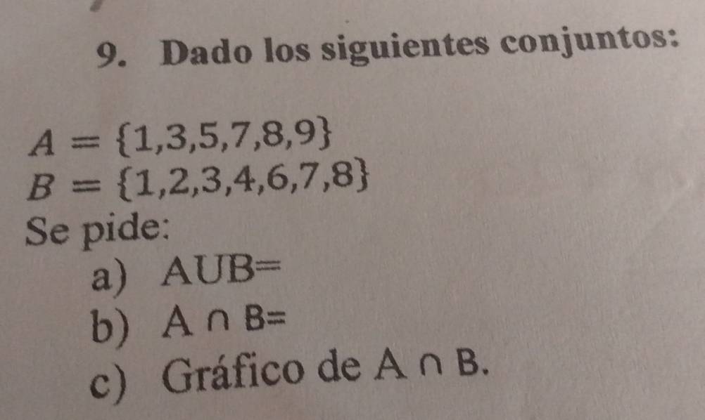 Dado los siguientes conjuntos:
A= 1,3,5,7,8,9
B= 1,2,3,4,6,7,8
Se pide: 
a) AUB=
b) A∩ B=
c) Gráfico de A∩ B.