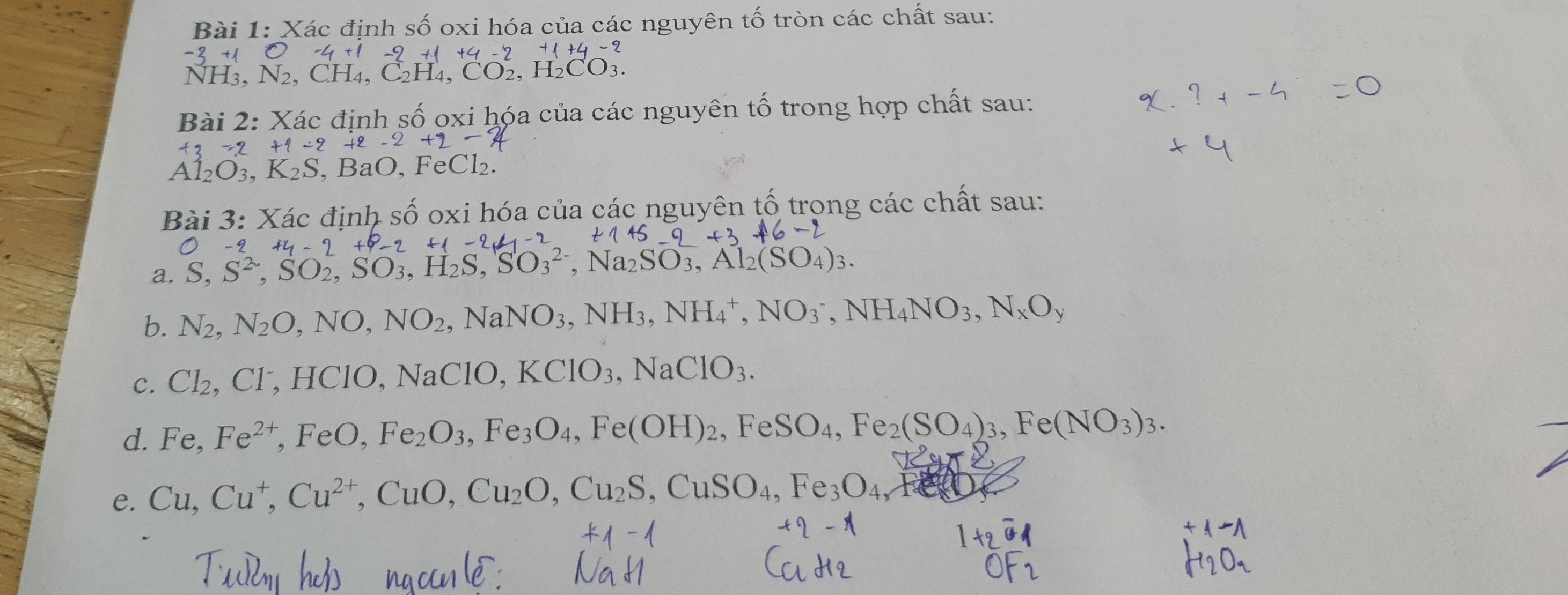 Xác định số oxi hóa của các nguyên tố tròn các chất sau: 
NH3, N_2 Ch C_2H_4, CO_2, H_2CO_3
Bài 2: Xác định số oxi hóa của các nguyên tố trong hợp chất sau:
K_2S , BaO, 
Bài 3: Xác địn sô o ên tố trong các chất sau: 
a. S, S^2, SO_2, SO_3, H_2S, SO_3^((2-), Na_2)SO_3, Al_2(SO_4)_3. 
b. N_2, N_2O, NO, NO_2 NaNO_3, NH_3, NH_4^(+, NO_3^-, NH_4)NO_3, N_xO_y
C. Cl_2, Cl^-, HC ClO, N sqrt(a)C10, KClO_3, NaClO_3. 
d. Fe, Fe^(2+), FeO, Fe_2O_3, Fe_3O_4, Fe(OH)_2, FeSO_4, Fe_2(SO_4)_3, Fe(NO_3)_3. 
e. Cu, Cu^+, Cu^(2+), CuO, Cu_2O, Cu_2S, CuSO_4, Fe_3O_4