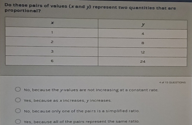 Do these pairs of values (x and y) represent two quantities that are
proportional?
4 of 13 cusSTon
No, because the y -values are not increasing at a constant rate.
Yes, because as xincreases, yincreases.
No, because only one of the pairs is a simplified ratio.
Yes, because all of the pairs represent the same ratio