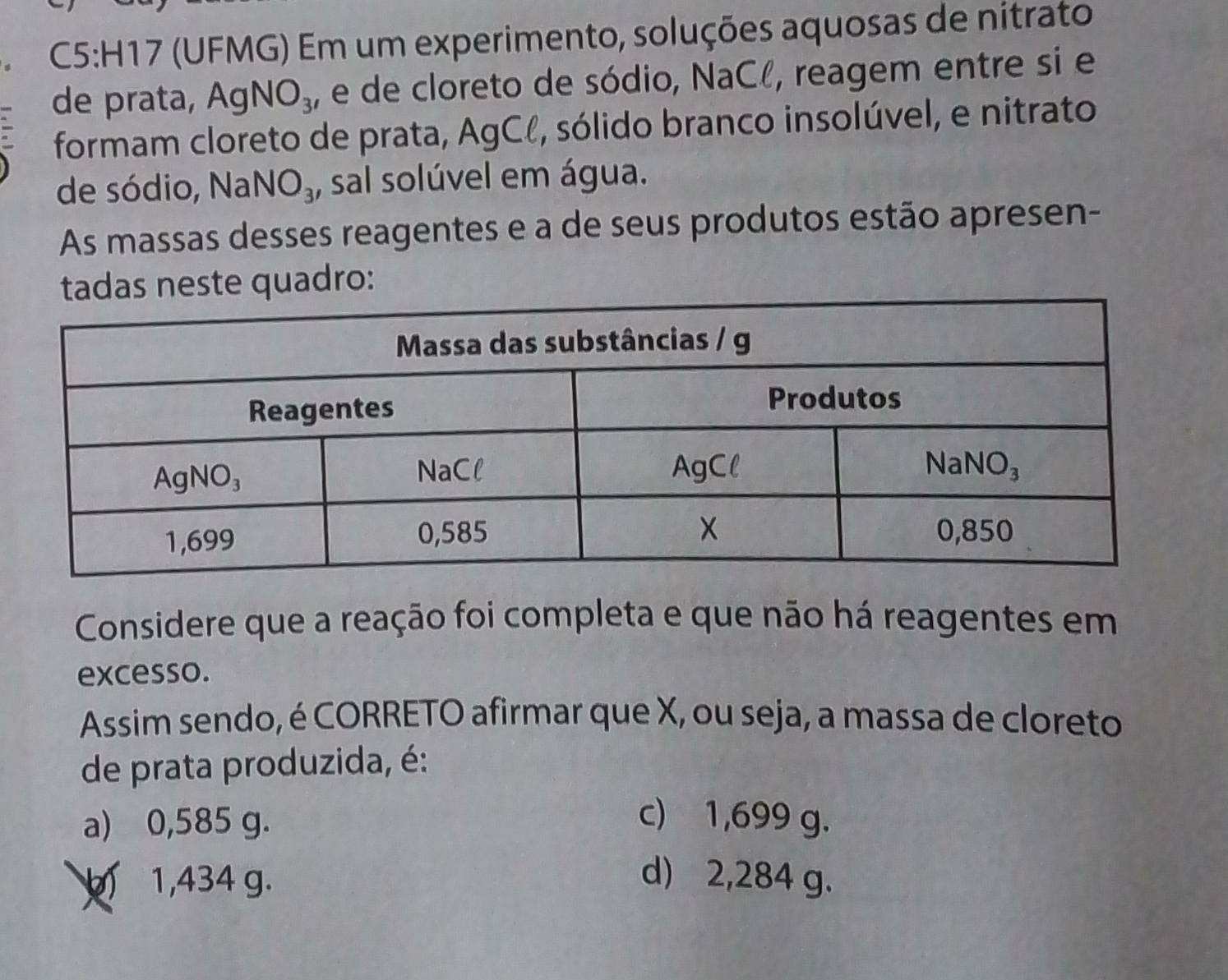 (UFMG) Em um experimento, soluções aquosas de nitrato
de prata, AgNO_3 , e de cloreto de sódio, NaC l, reagem entre si e
formam cloreto de prata, AgCℓ, sólido branco insolúvel, e nitrato
de sódio, Nal NO_3 , sal solúvel em água.
As massas desses reagentes e a de seus produtos estão apresen-
dro:
Considere que a reação foi completa e que não há reagentes em
excesso.
Assim sendo, é CORRETO afirmar que X, ou seja, a massa de cloreto
de prata produzida, é:
a) 0,585 g. c) 1,699 g.
b 1,434 g. d) 2,284 g.