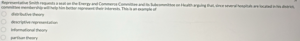 Representative Smith requests a seat on the Energy and Commerce Committee and its Subcommittee on Health arguing that, since several hospitals are located in his district,
committee membership will help him better represent their interests. This is an example of
distributive theory
descriptive representation
informational theory
partisan theory