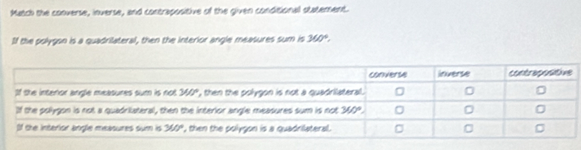 Match the converse, inverse, and contrapositive of the given conditional statement.
If the polygon is a quadrilateral, then the interior angle measures sum is 360°,