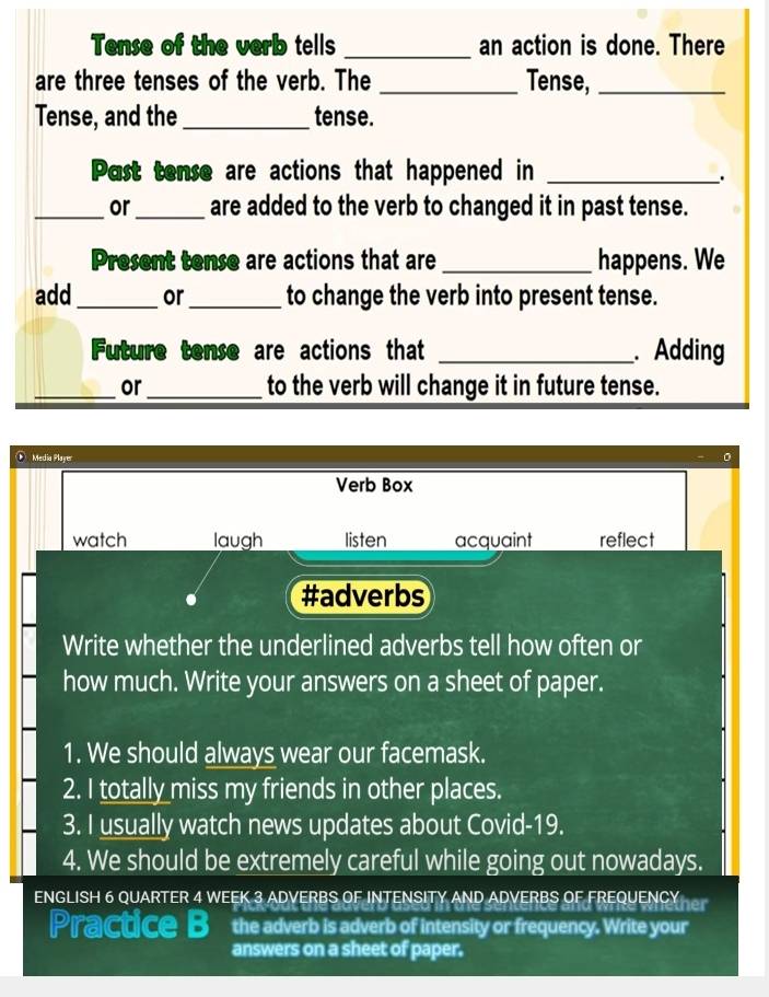 Tense of the verb tells _an action is done. There 
are three tenses of the verb. The _Tense,_ 
Tense, and the _tense. 
Past tense are actions that happened in_ 
. 
_or_ are added to the verb to changed it in past tense. 
Present tense are actions that are _happens. We 
add _or_ to change the verb into present tense. 
Future tense are actions that _. Adding 
_or_ to the verb will change it in future tense. 
Media Playe 。 
Verb Box 
watch laugh listen acquaint reflect 
#adverbs 
Write whether the underlined adverbs tell how often or 
how much. Write your answers on a sheet of paper. 
1. We should always wear our facemask. 
2. I totally miss my friends in other places. 
3. I usually watch news updates about Covid-19. 
4. We should be extremely careful while going out nowadays. 
ENGLISH 6 QUARTER 4 WEEK 3 ADVERBS OF INTENSITY AND ADVERBS OF FREQUENCY 
Practice the adverb is adverb of intensity or frequency. Write your 
answers on a sheet of paper.