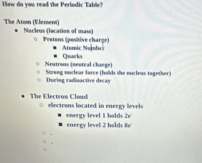 How do you read the Periodic Table?
The Atom (Element)
Nucleus (location of mass)
Protons (positive charge)
Atomic Number
Quarks
Neutrons (neutral charge)
Strong nuclear force (holds the nucleus together)
During radioactive decay
The Electron Cloud
electrons located in energy levels
energy level 1 holds 2e
energy level 2 holds 8e