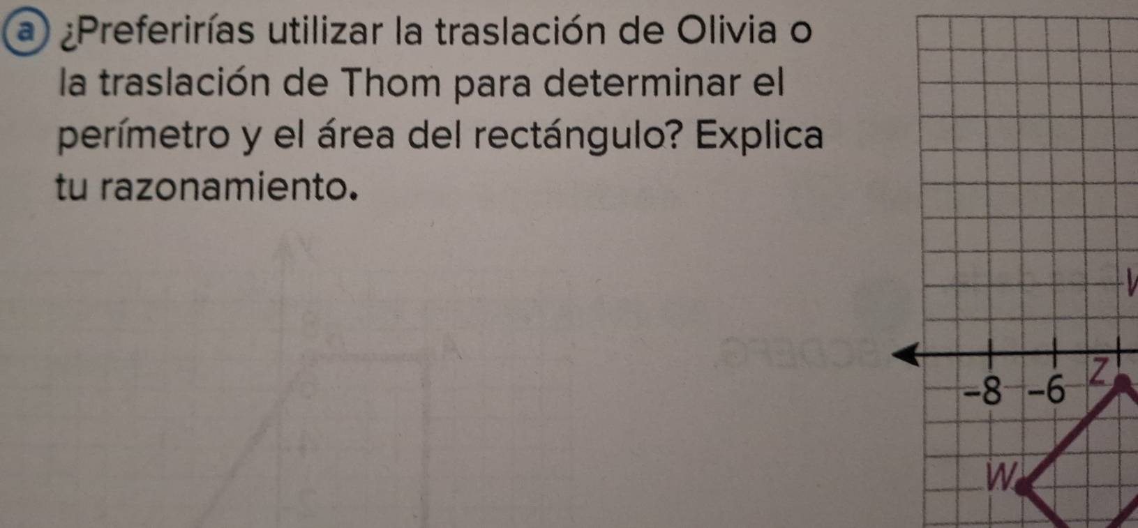 a ¿Preferirías utilizar la traslación de Olivia o 
la traslación de Thom para determinar el 
perímetro y el área del rectángulo? Explica 
tu razonamiento.