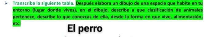 Transcribe la siguiente tabla. Después elabora un dibujo de una especie que habite en tu 
entorno (lugar donde vives), en el dibujo, describe a que clasificación de animales 
pertenece, describe lo que conozcas de ella, desde la forma en que vive, alimentación, 
etc. 
El perro