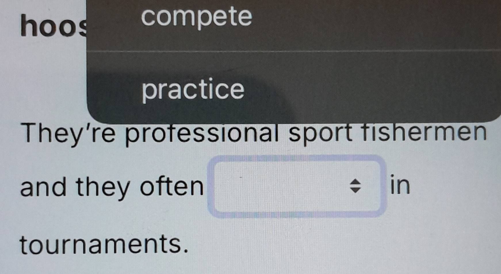 hoos 
compete 
practice 
They’re professional sport fishermen 
and they often 
in 
tournaments.