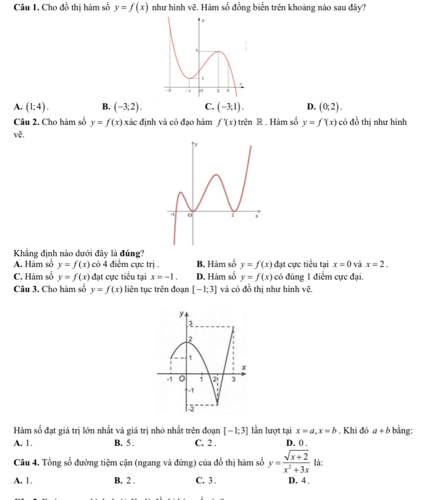 Cho 40° thị hàm số y=f(x) như hình vẽ. Hàm số đồng biến trên khoảng nào sau đây?
A. (1;4). B. (-3;2). C. (-3;1). D. (0;2). 
Câu 2. Cho hàm số y=f(x) xác định và có đạo hàm f'(x) trhat en R . Hàm số y=f'(x) có dhat o thị như hình
vẽ.
Khẳng định nào dưới đây là đúng?
A. Hàm số y=f(x) có 4 điểm cực trị . B. Hàm số y=f(x) đạt cực tiểu tại x=0 và x=2.
C. Hàm số y=f(x) đạt cực tiểu tại x=-1. D. Hàm số y=f(x) có đúng 1 điểm cực đại.
Câu 3. Cho hàm số y=f(x) liên tục trên đoạn [-1;3] và có đồ thị như hình vẽ.
y
3
2
1
x
-1 0 i 2 3
|
-1 |
2
Hàm số đạt giá trị lớn nhất và giá trị nhỏ nhất trên đoạn [-1;3] lần lượt tại x=a, x=b. Khi đó a+b bằng:
A. 1. B. 5. C. 2. D. 0.
Câu 4. Tổng số đường tiệm cận (ngang và đứng) của đồ thị hàm số y= (sqrt(x+2))/x^2+3x  là:
A. 1. B. 2. C. 3. D. 4.