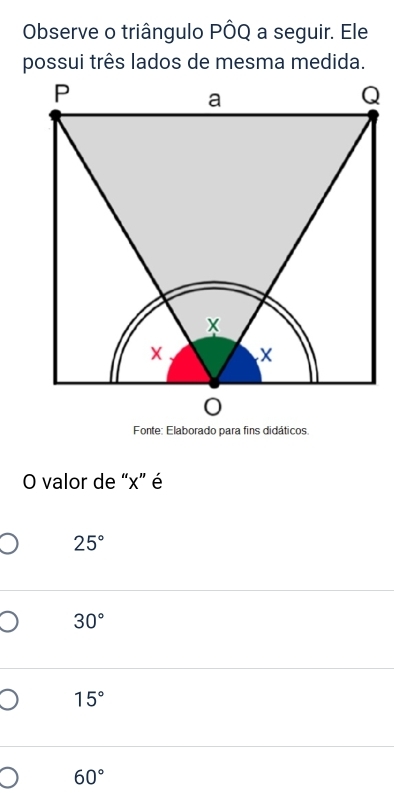 Observe o triângulo PÔQ a seguir. Ele
possui três lados de mesma medida.
Fonte: Elaborado para fins didáticos.
O valor de “ x ” é
25°
30°
15°
60°