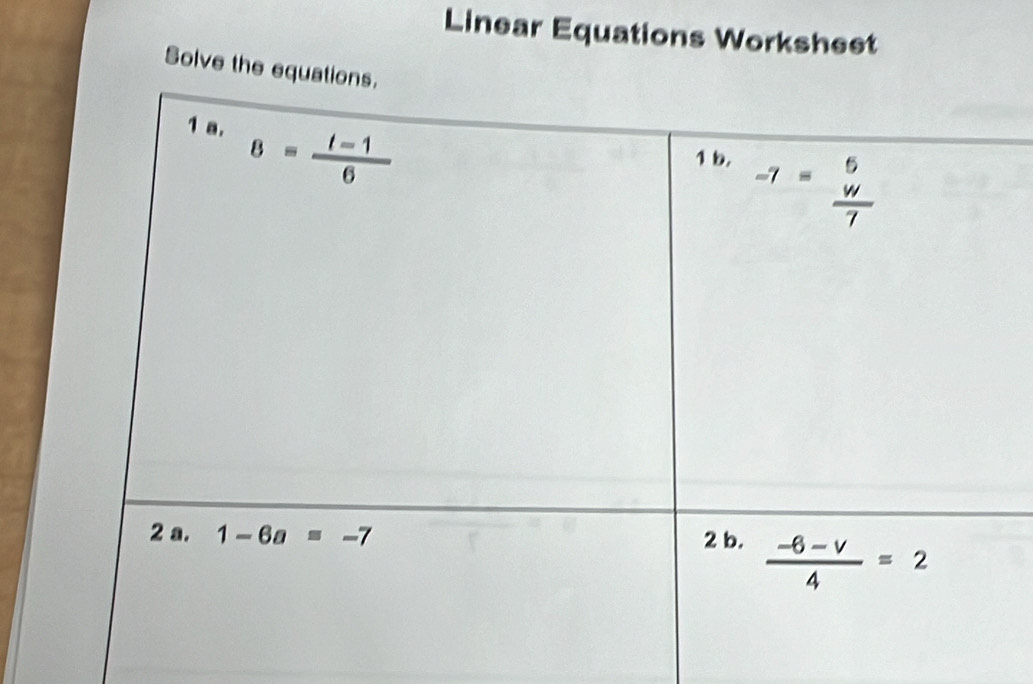 Linear Equations Worksheet
Solve the equa