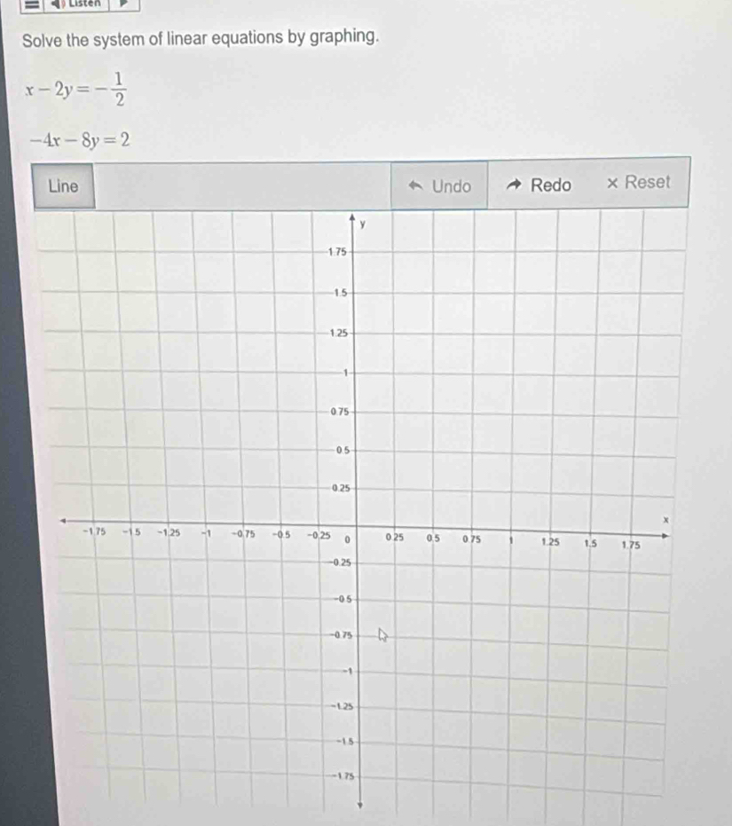 Solve the system of linear equations by graphing.
x-2y=- 1/2 
-4x-8y=2
Line Undo Redo × Reset