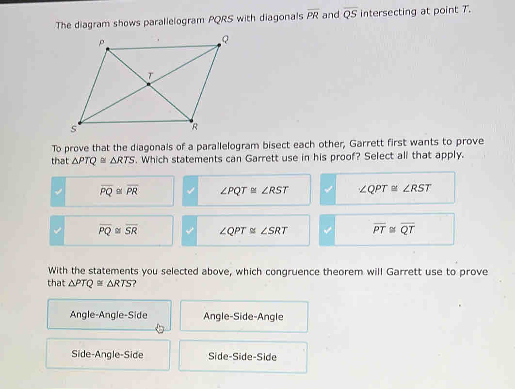 Solved: The diagram shows parallelogram PQRS with diagonals overline PR ...
