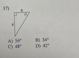 A) 56° B) 34°
C) 48° D) 42°