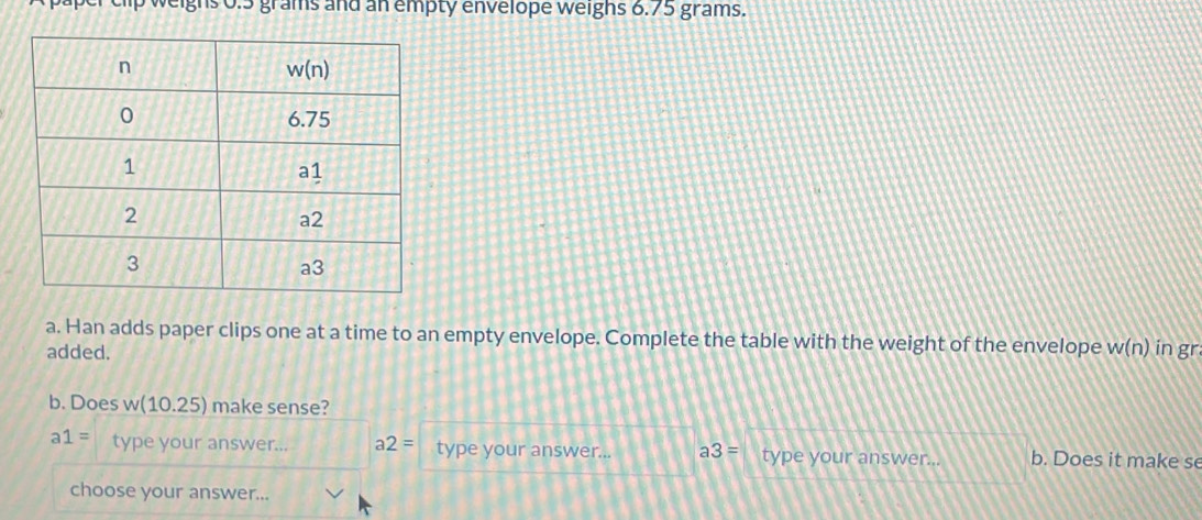 righs 0.5 grams and an empty envelope weighs 6.75 grams.
a. Han adds paper clips one at a time to an empty envelope. Complete the table with the weight of the envelope
added. w(n) in gr
b. Does w(10.25) make sense?
a1= type your answer... a2= type your answer... a3= type your answer... b. Does it make se
choose your answer...