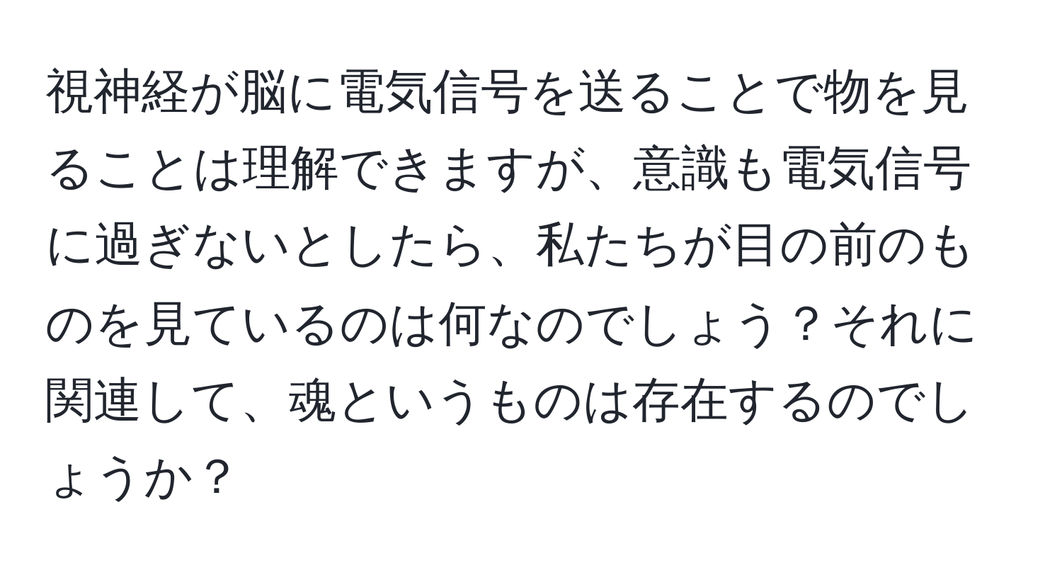 視神経が脳に電気信号を送ることで物を見ることは理解できますが、意識も電気信号に過ぎないとしたら、私たちが目の前のものを見ているのは何なのでしょう？それに関連して、魂というものは存在するのでしょうか？