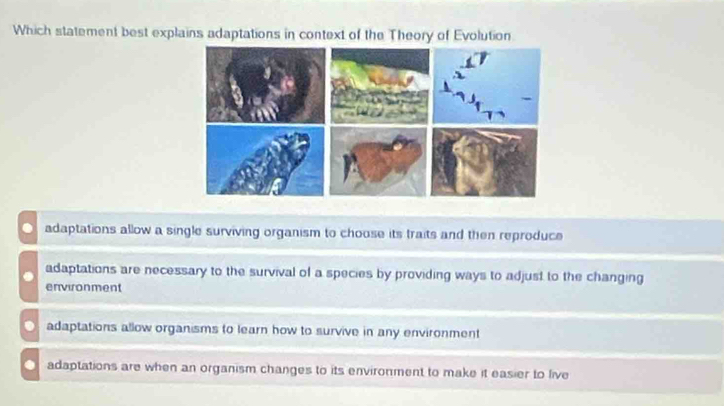 Which statement best explains adaptations in context of the Theory of Evolution
○ adaptations allow a single surviving organism to choose its traits and then reproduce
adaptations are necessary to the survival of a species by providing ways to adjust to the changing
environment. adaptations allow organisms to learn how to survive in any environment. adaptations are when an organism changes to its environment to make it easier to live