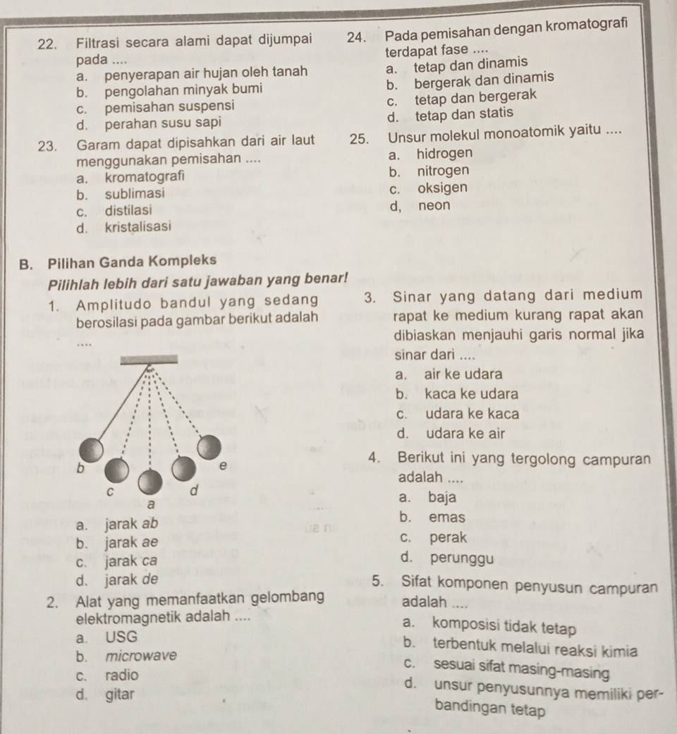 Filtrasi secara alami dapat dijumpai 24. Pada pemisahan dengan kromatografi
pada .... terdapat fase ....
a. penyerapan air hujan oleh tanah
a. tetap dan dinamis
b. pengolahan minyak bumi
b. bergerak dan dinamis
c. pemisahan suspensi c. tetap dan bergerak
d. perahan susu sapi d. tetap dan statis
23. Garam dapat dipisahkan dari air laut 25. Unsur molekul monoatomik yaitu ....
menggunakan pemisahan .... a. hidrogen
a. kromatografi b. nitrogen
b. sublimasi c. oksigen
c. distilasi d, neon
d. kristalisasi
B. Pilihan Ganda Kompleks
Pilihlah lebih dari satu jawaban yang benar!
1. Amplitudo bandul yang sedang 3. Sinar yang datang dari medium
berosilasi pada gambar berikut adalah rapat ke medium kurang rapat akan
dibiaskan menjauhi garis normal jika
_…
sinar dari ....
a. air ke udara
b. kaca ke udara
c. udara ke kaca
d. udara ke air
4. Berikut ini yang tergolong campuran
adalah ....
a. baja
a. jarak ab
b. emas
b. jarak ae
c. perak
c. jarak ca
d. perunggu
d. jarak de
5. Sifat komponen penyusun campuran
2. Alat yang memanfaatkan gelombang
adalah ....
elektromagnetik adalah ....
a. komposisi tidak tetap
a. USG
b. terbentuk melalui reaksi kimia
b. microwave
c. sesuai sifat masing-masing
c. radio
d. unsur penyusunnya memiliki per-
d. gitar
bandingan tetap