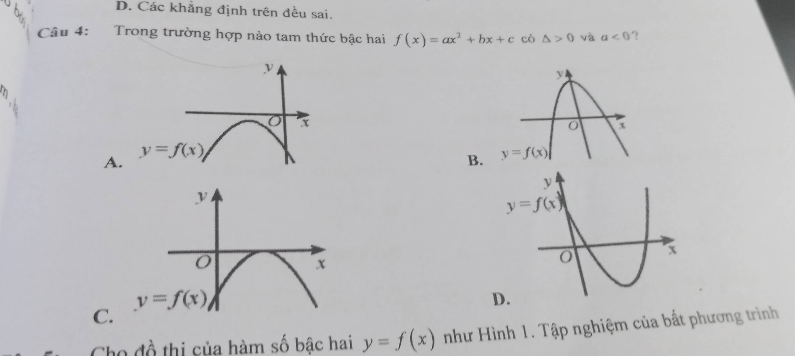 D. Các khẳng định trên đều sai.
Câu 4: Trong trường hợp nào tam thức bậc hai f(x)=ax^2+bx+c c6 △ >0 và a<0</tex> ?
n
5
y=f(x)
A.
B.
C.
Cho đồ thị của hàm số bậc hai y=f(x) như Hình 1. Tập nghiệm của bất phương trình