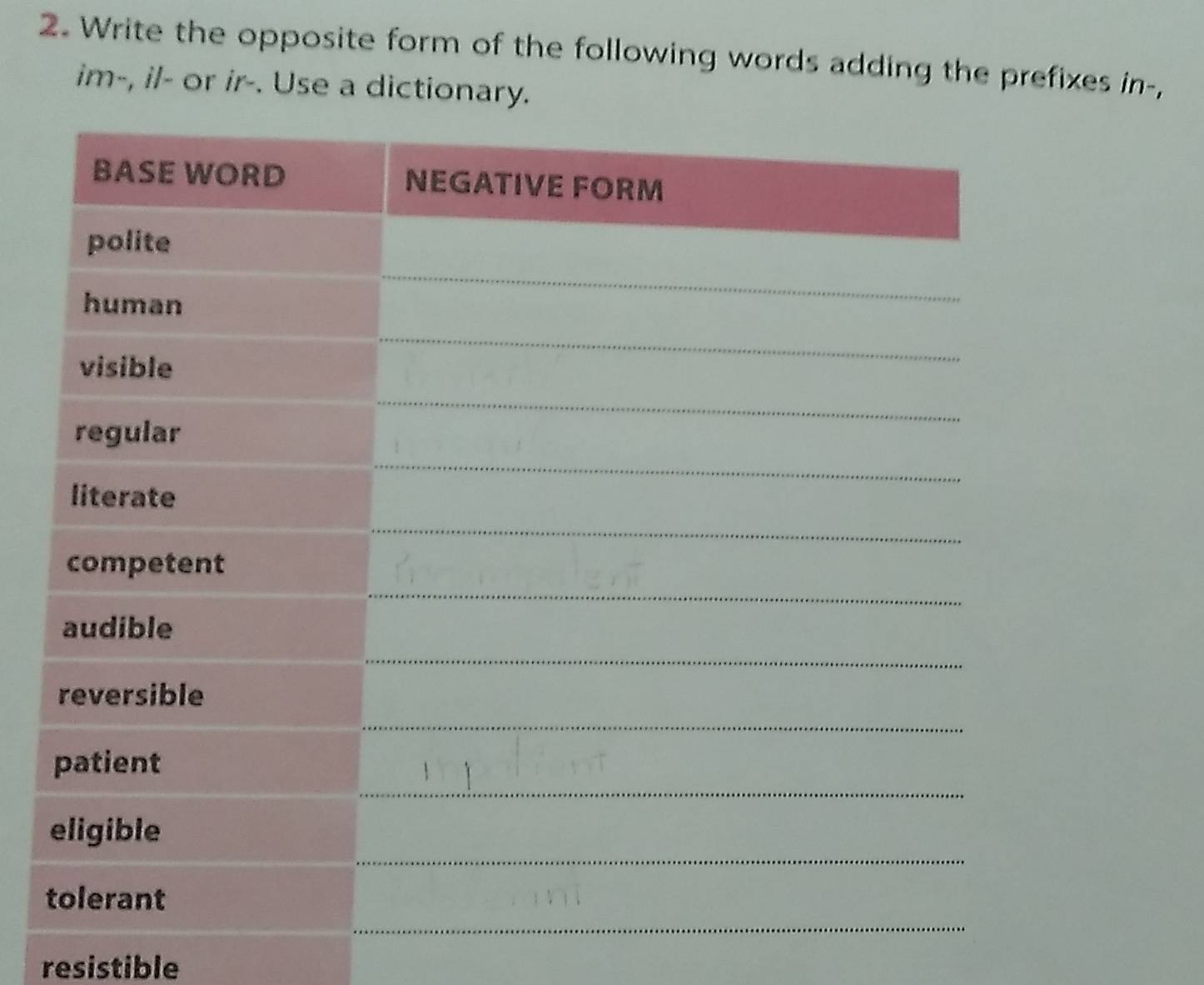 Write the opposite form of the following words adding the prefixes in-, 
im-, il- or ir-. Use a dictionary. 
resistible