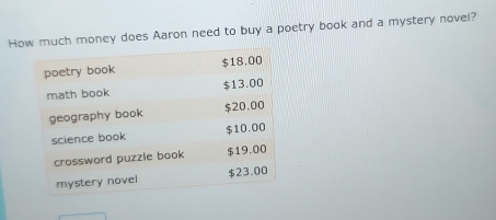 Homuch money does Aaron need to buy a poetry book and a mystery novel?