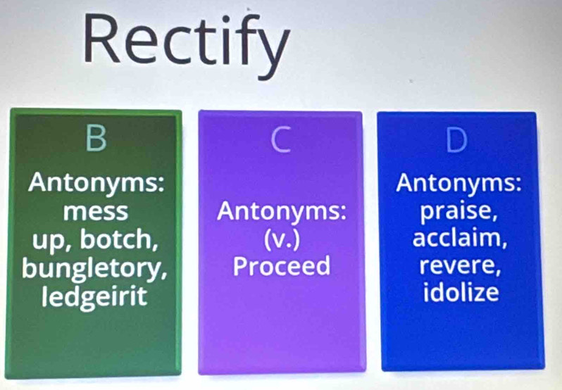 Rectify 
B 
C 
D 
Antonyms: Antonyms: 
mess Antonyms: praise, 
up, botch, (v.) acclaim, 
bungletory, Proceed revere, 
ledgeirit 
idolize