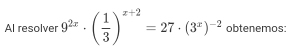 Al resolver 9^(2x)· ( 1/3 )^x+2=27· (3^x)^-2 obtenemos: