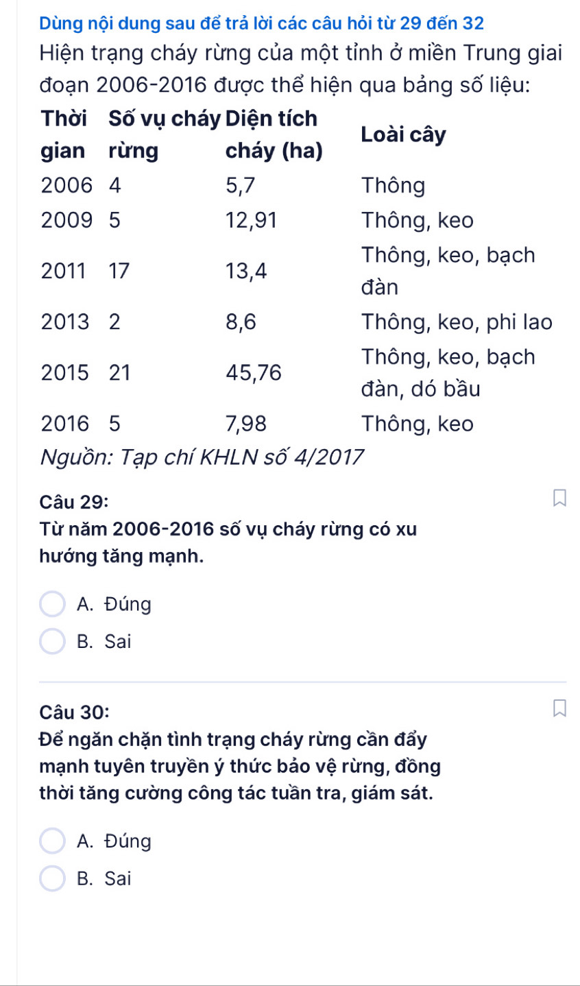 Dùng nội dung sau để trả lời các câu hỏi từ 29 đến 32
Hiện trạng cháy rừng của một tỉnh ở miền Trung giai
đoạn 2006-2016 được thể hiện qua bảng số liệu:
Thời Số vụ cháy Diện tích
Loài cây
gian rừng cháy (ha)
2006 4 5,7 Thông
2009 5 12, 91 Thông, keo
Thông, keo, bạch
2011 17 13, 4
đàn
2013 ₹2 8,6 Thông, keo, phi lao
Thông, keo, bạch
2015 21 45, 76
đàn, dó bầu
2016 5 7,98 Thông, keo
Nguồn: Tạp chí KHLN số 4/2017
Câu 29:
Từ năm 2006-2016 số vụ cháy rừng có xu
hướng tăng mạnh.
A. Đúng
B. Sai
Câu 30:
Để ngăn chặn tình trạng cháy rừng cần đẩy
mạnh tuyên truyền ý thức bảo vệ rừng, đồng
thời tăng cường công tác tuần tra, giám sát.
A. Đúng
B. Sai