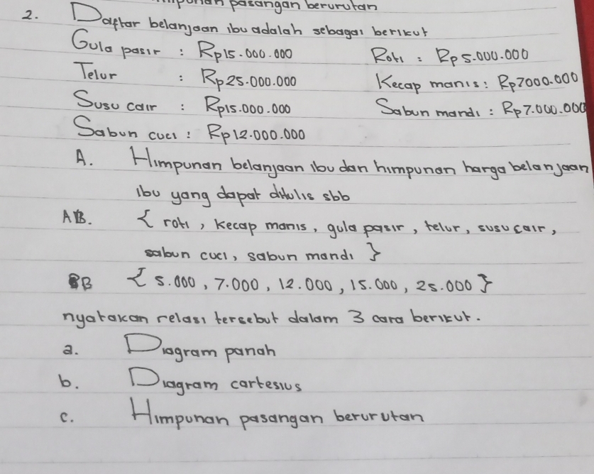 "penian pasangan berurutan
2. Daflar belanjoan ibu adalah sebagen berlkul
Gulo pasir : R_P15· 000.000
Roti : R_p5.000.000
Telor
R_p25.000.000 Kecap manis: R_P7000.000
Susu cair : R_P15.000.000 Sabun mandi : R_p7.000.000
Sabon cuel: Rp12.000.000
A. Himpunan belangoon ibu don himpunon hargo belon yoan
lb0 yong dapat ditolis sbb
A. (roh1, kecap manis, gule pasir, telor, susucair,
salun cucl, sabun mandi 5
3B  5.000 , 7. 000, 12. 000, 15. 000, 25. 000 5
nyaraxom relas, tersebut dalam 3 cara berikur.
a. Drogram panah
6. Dragram cartesics
C. Himpunan pasangan berururan