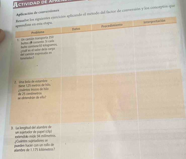 TIVIDAD DE APR 
onversiones 
factor de conversión y los conceptos que