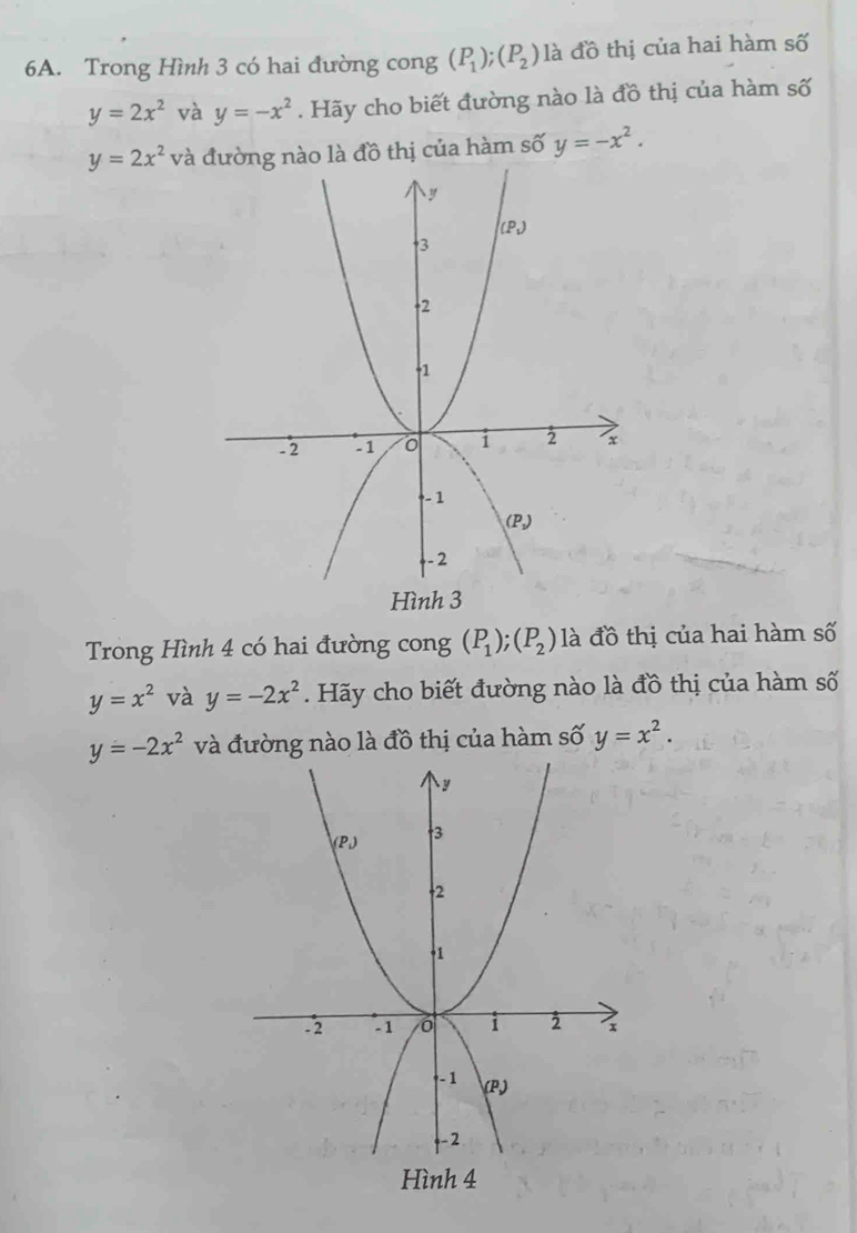 Trong Hình 3 có hai đường cong (P_1);(P_2) là đồ thị của hai hàm số
y=2x^2 và y=-x^2. Hãy cho biết đường nào là đồ thị của hàm số
y=2x^2 và đường nào là đồ thị của hàm số y=-x^2.
Trong Hình 4 có hai đường cong (P_1);(P_2) là đồ thị của hai hàm số
y=x^2 và y=-2x^2. Hãy cho biết đường nào là đồ thị của hàm số
y=-2x^2 và đường nào là đồ thị của hàm số y=x^2.
Hình 4