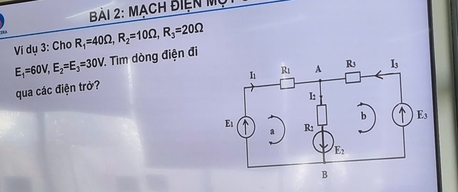 mạch điện mỹ
ERA
Ví dụ 3: Cho R_1=40Omega ,R_2=10Omega ,R_3=20Omega
E_1=60V,E_2=E_3=30V. Tìm dòng điện đi
qua các điện trở?