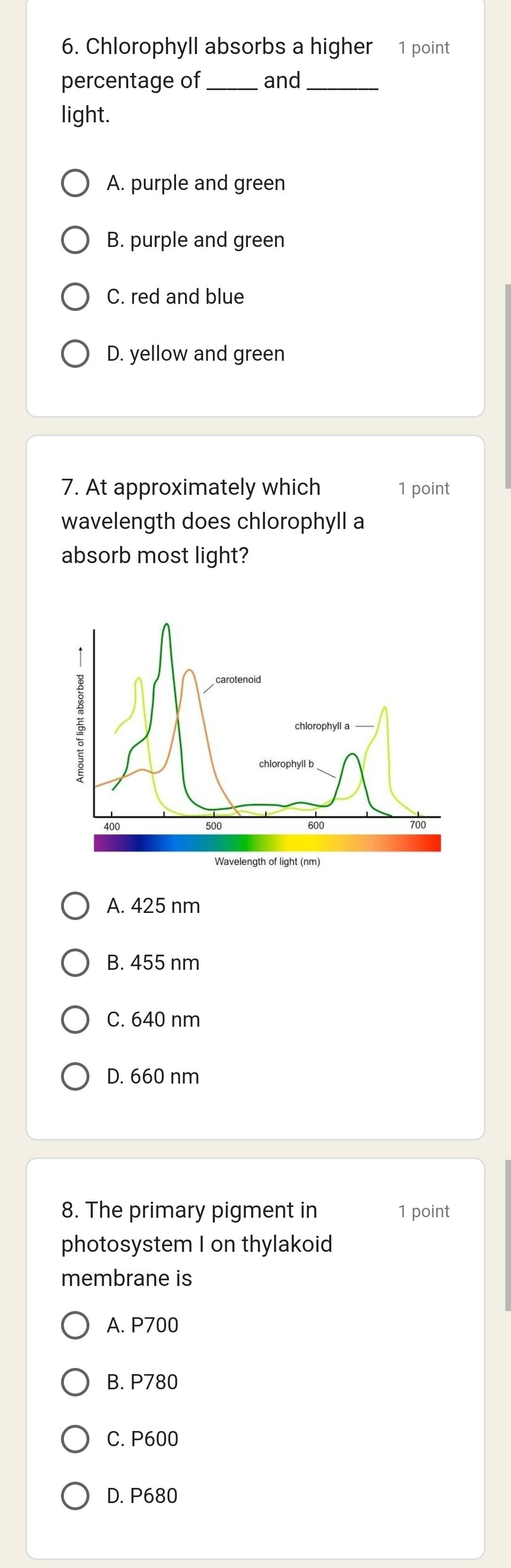 Chlorophyll absorbs a higher 1 point
percentage of_ and_
light.
A. purple and green
B. purple and green
C. red and blue
D. yellow and green
7. At approximately which 1 point
wavelength does chlorophyll a
absorb most light?
A. 425 nm
B. 455 nm
C. 640 nm
D. 660 nm
8. The primary pigment in 1 point
photosystem I on thylakoid
membrane is
A. P700
B. P780
C. P600
D. P680