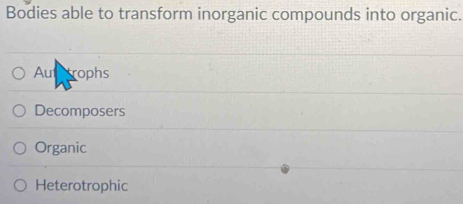 Bodies able to transform inorganic compounds into organic.
Aut trophs
Decomposers
Organic
Heterotrophic