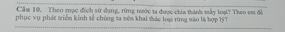 Theo mục đích sử dụng, rừng nước ta được chia thành mẫy loại? Theo em để 
phục vụ phát triển kinh tế chúng ta nên khai thác loại rừng nào là hợp lý?