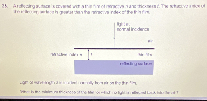 A reflecting surface is covered with a thin film of refractive n and thickness t. The refractive index of 
the reflecting surface is greater than the refractive index of the thin film. 
Light of wavelength λ is incident normally from air on the thin film. 
What is the minimum thickness of the film for which no light is reflected back into the air?