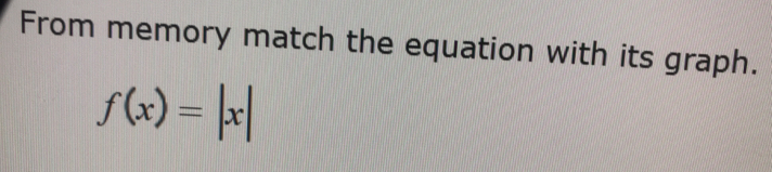 From memory match the equation with its graph.
f(x)=|x|