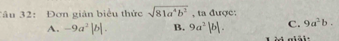 Tâu 32: Đơn giản biểu thức sqrt(81a^4b^2) , ta được:
A. -9a^2|b|. B. 9a^2|b|.
C. 9a^2b. 
Lời giải