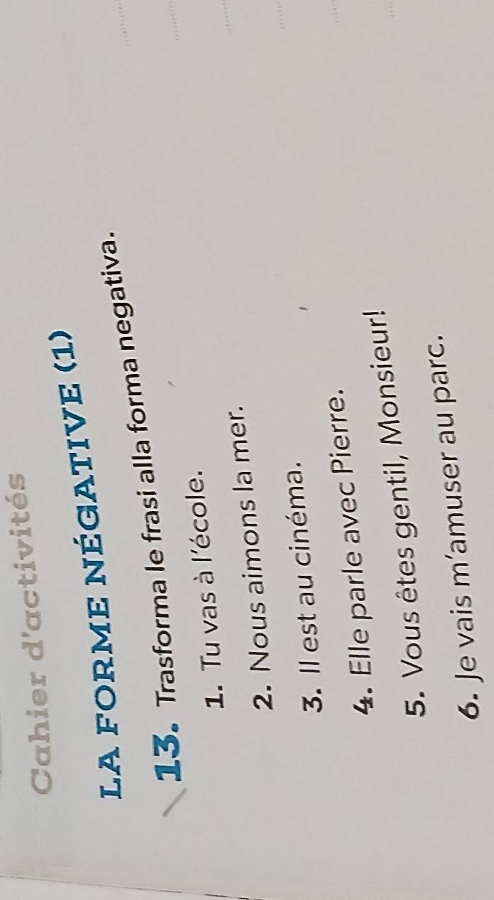 Cahier d'activités 
la forme négative (1) 
13. Trasforma le frasi alla forma negativa. 
1. Tu vas à l'école. 
2. Nous aimons la mer. 
3. ll est au cinéma. 
4. Elle parle avec Pierre. 
5. Vous êtes gentil, Monsieur! 
6. Je vais m’amuser au parc.