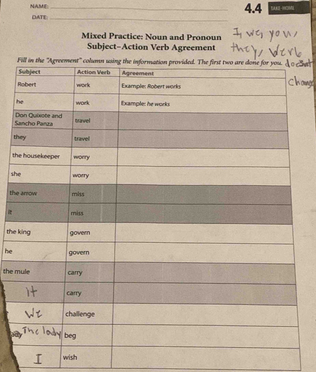 NAME: _4.4 TAKE-HOME 
DATE:_ 
Mixed Practice: Noun and Pronoun 
Subject-Action Verb Agreement 
D 
S 
t 
th 
sh 
th 
it 
the 
he 
the 
ad 
wish