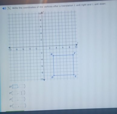 Write the coordinates of the vertices after a translation 1 unit right and 1 unif down